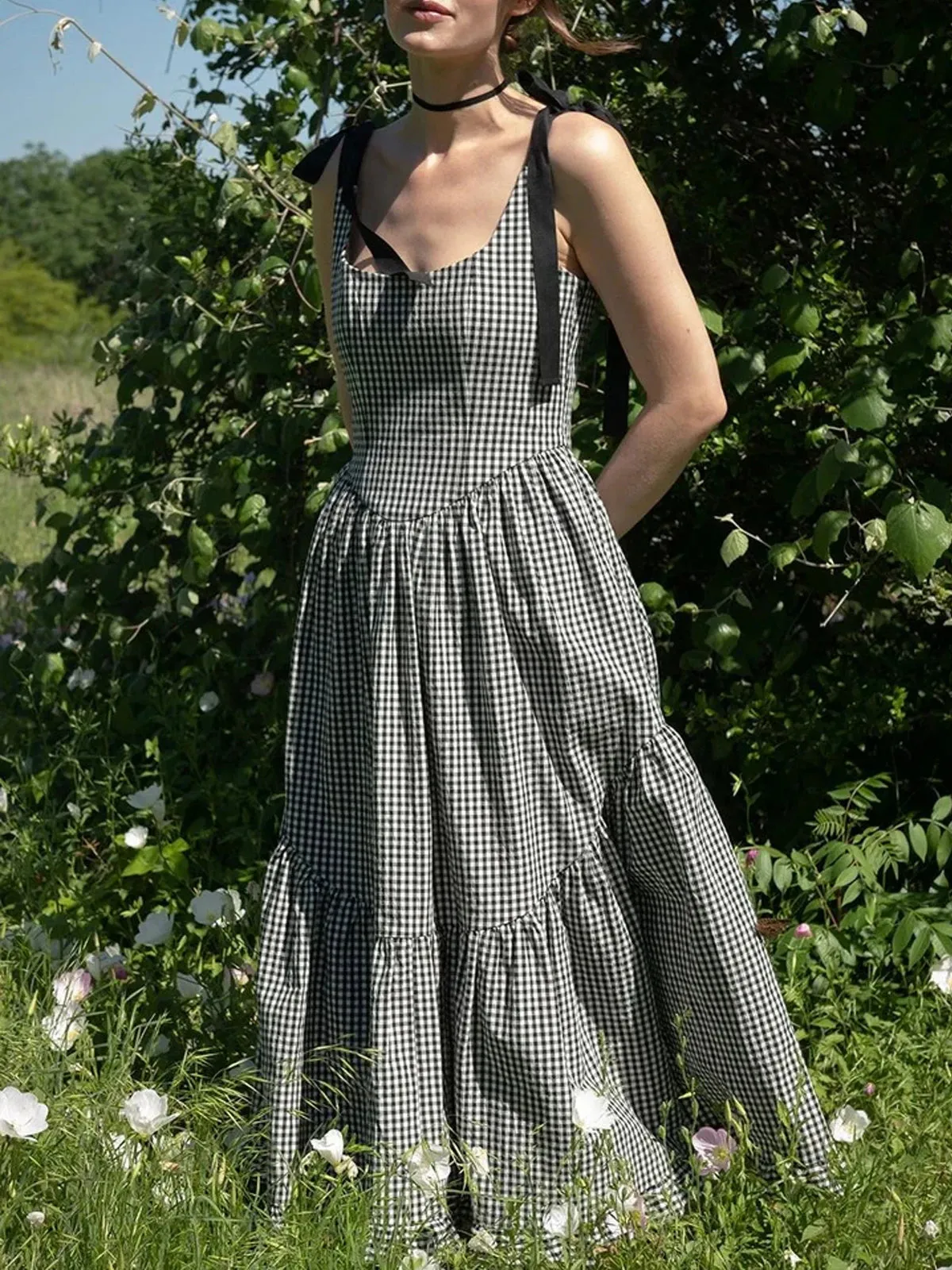 Garden Plaid Midi Dress with Tie Shoulders