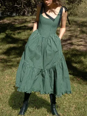 Garden Plaid Midi Dress with Tie Shoulders