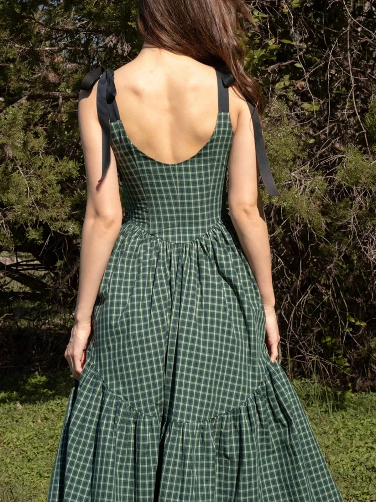 Garden Plaid Midi Dress with Tie Shoulders