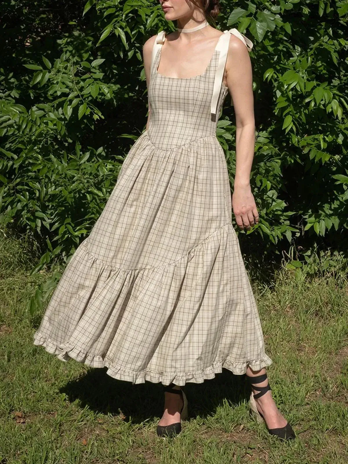 Garden Plaid Midi Dress with Tie Shoulders