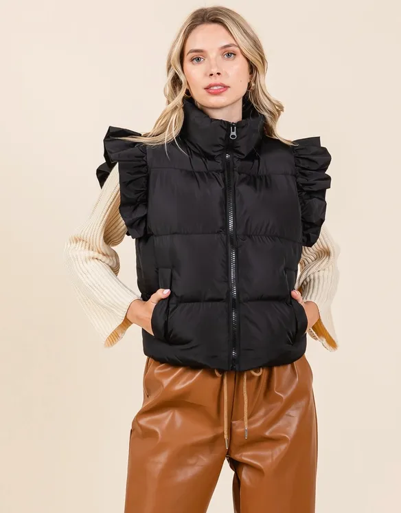 GG Ruffle Sleeve Puffer Vest-Black