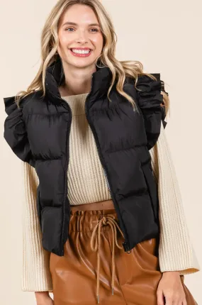 GG Ruffle Sleeve Puffer Vest-Black