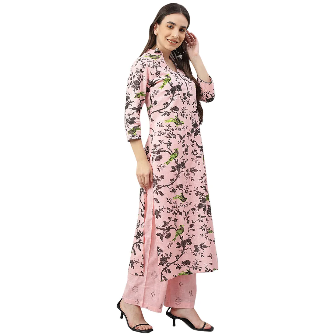 Idalia Grey Print Kurta With Baby Pink Printed Cotton Palazzo Pants