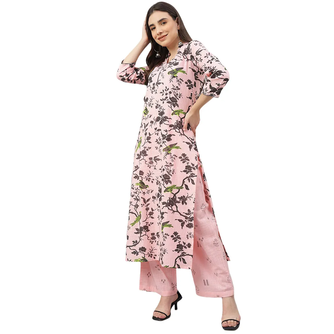 Idalia Grey Print Kurta With Baby Pink Printed Cotton Palazzo Pants