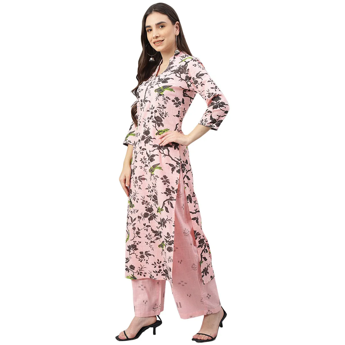 Idalia Grey Print Kurta With Baby Pink Printed Cotton Palazzo Pants