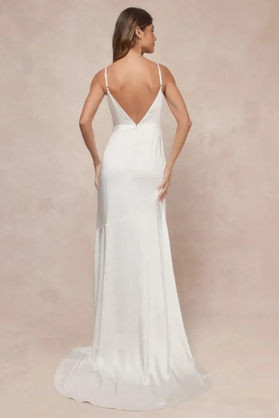 Ivory Satin Backless Cowl Neck Maxi Dress Spaghetti Strap Floor-length Wedding Dresses