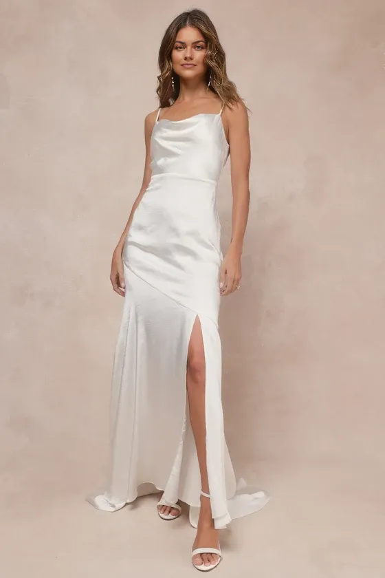 Ivory Satin Backless Cowl Neck Maxi Dress Spaghetti Strap Floor-length Wedding Dresses