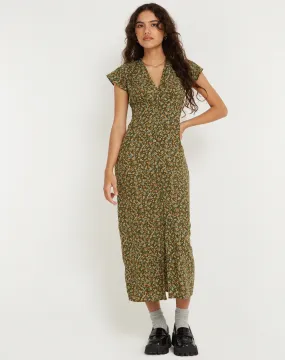 Larin Midi Dress in Grungey Floral Khaki