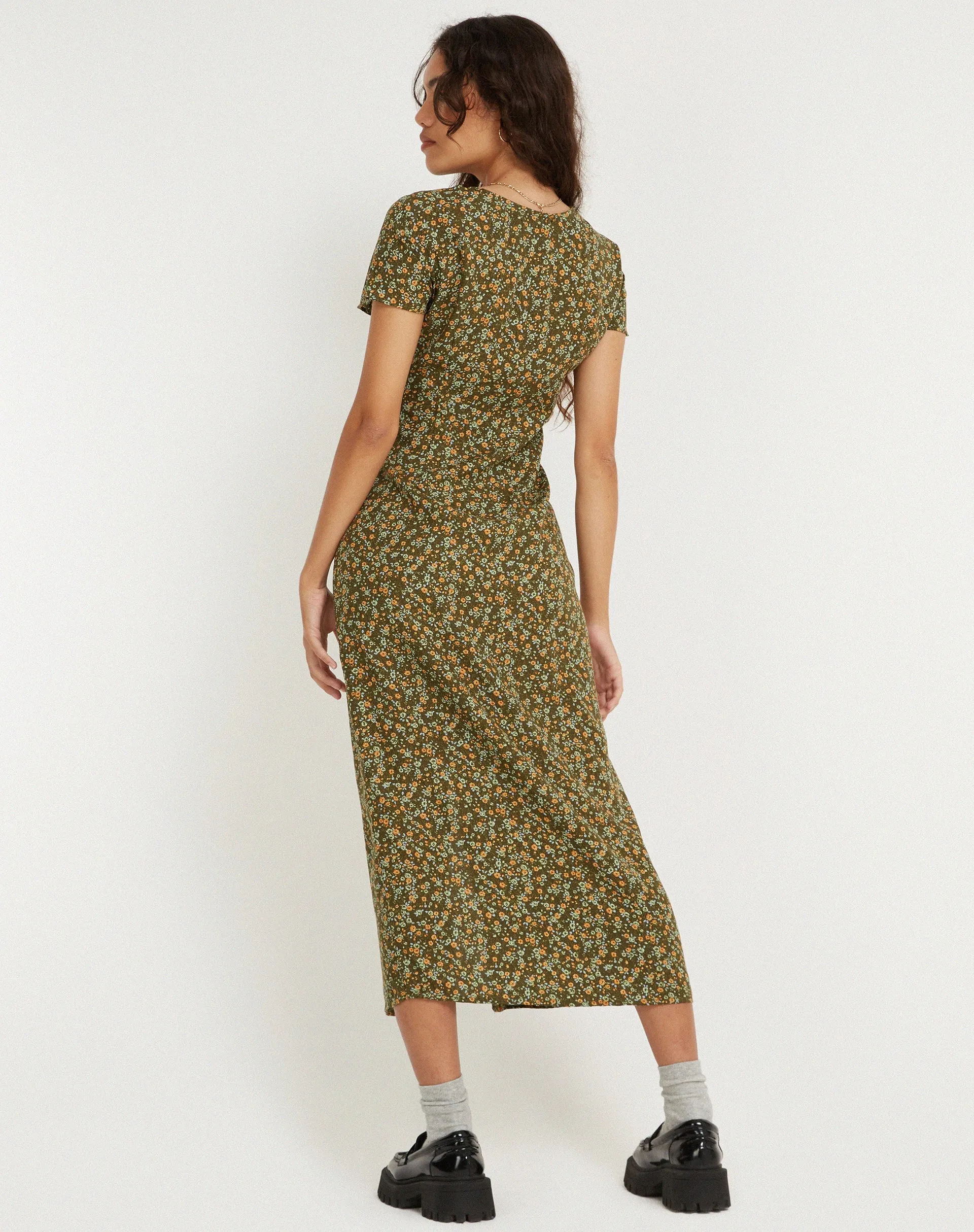 Larin Midi Dress in Grungey Floral Khaki