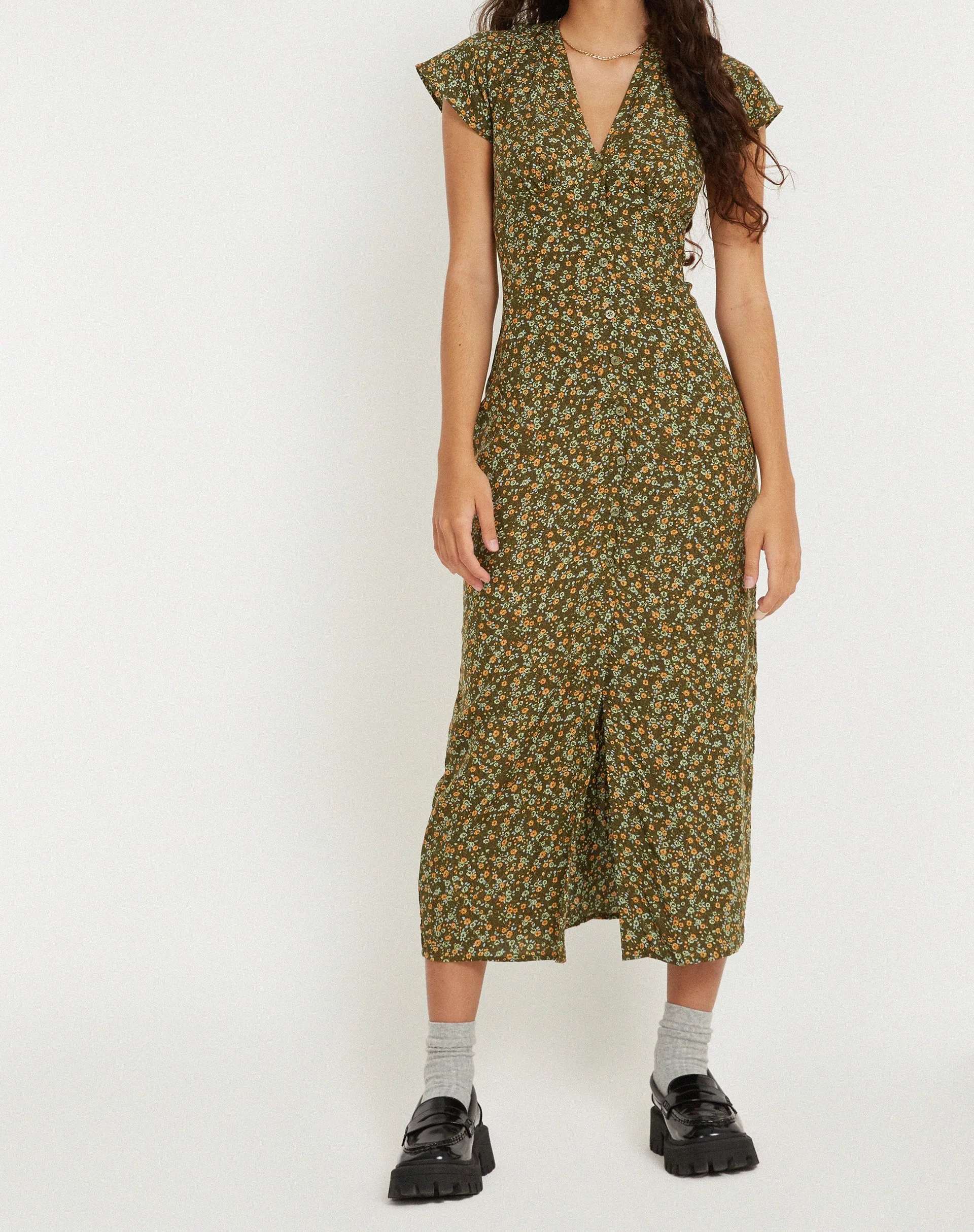 Larin Midi Dress in Grungey Floral Khaki