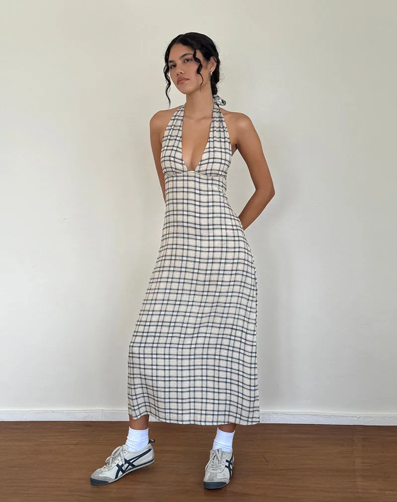 Lenata Halterneck Midi Dress in Pastel Blue Tartan