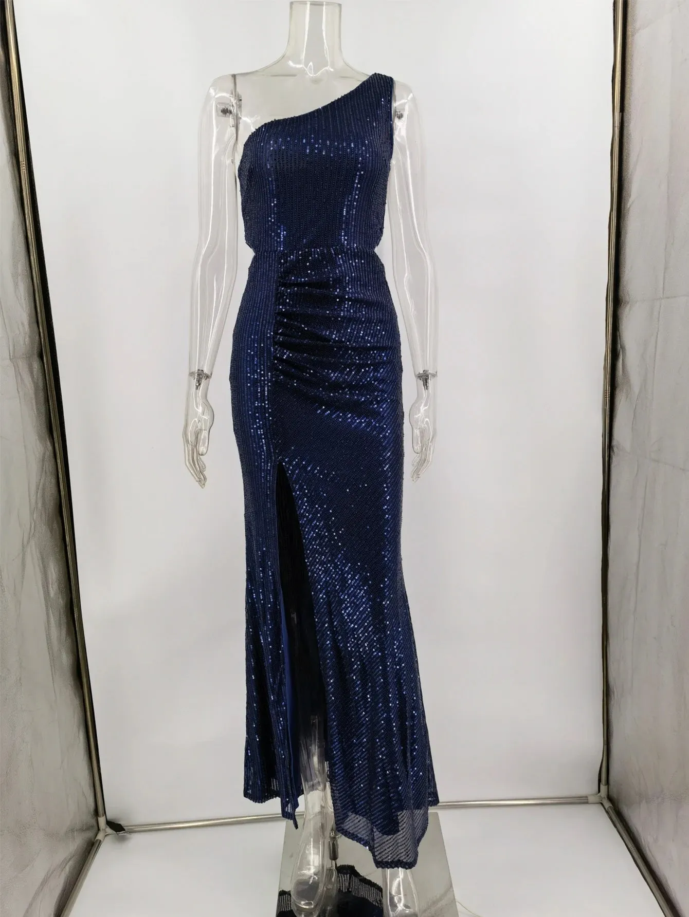 Navy One-Shoulder Sequin Maxi Dress