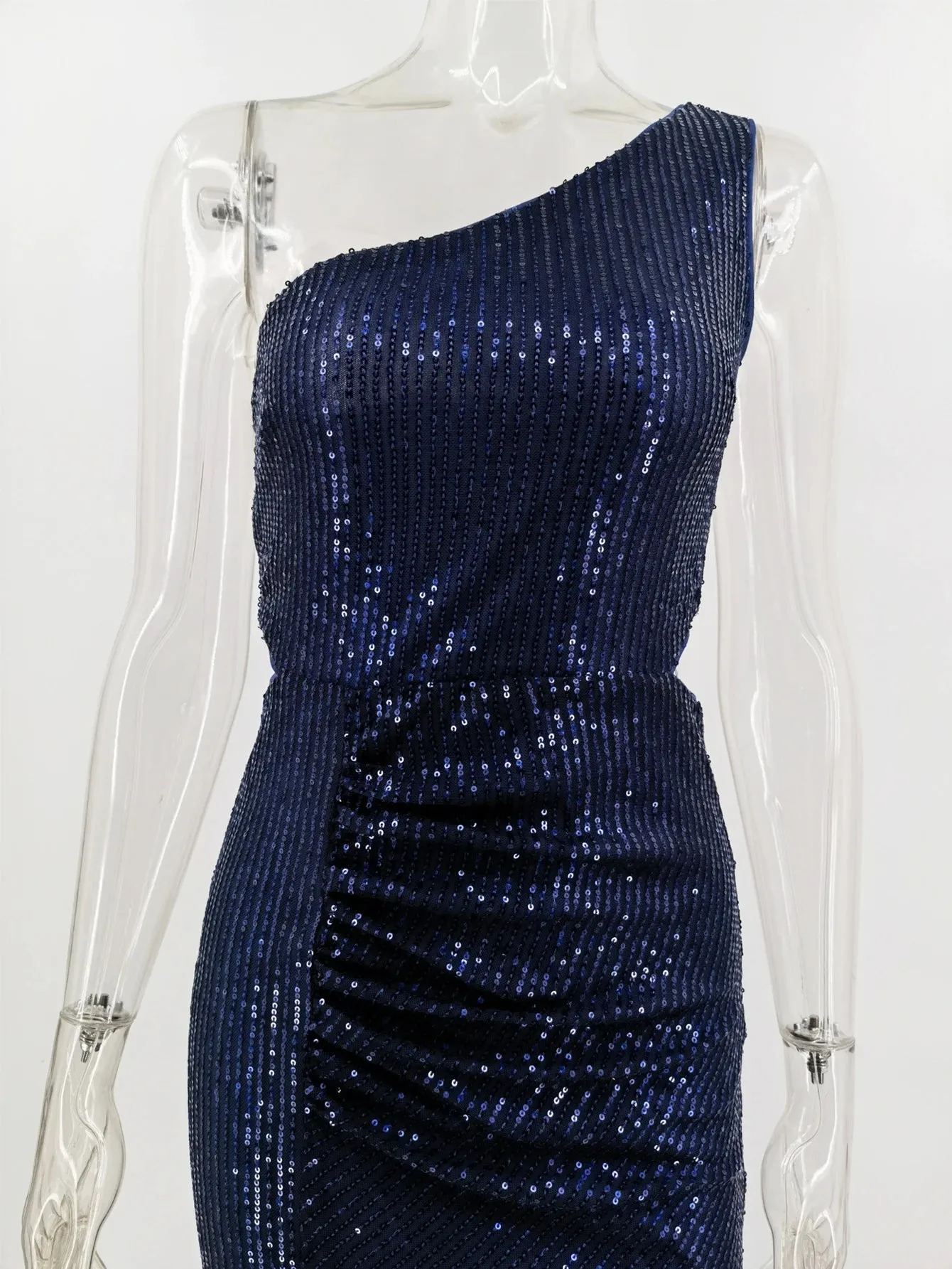 Navy One-Shoulder Sequin Maxi Dress