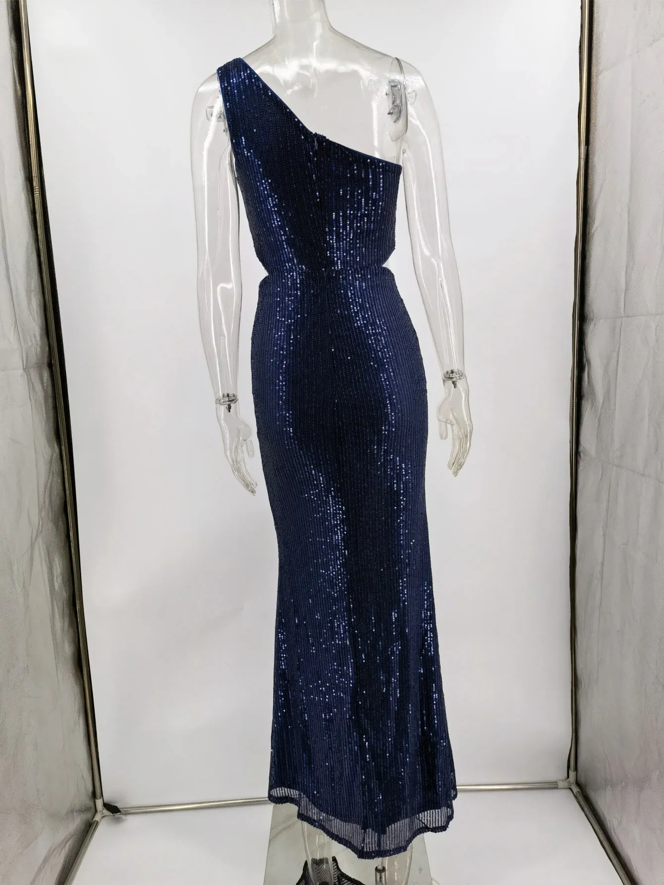 Navy One-Shoulder Sequin Maxi Dress