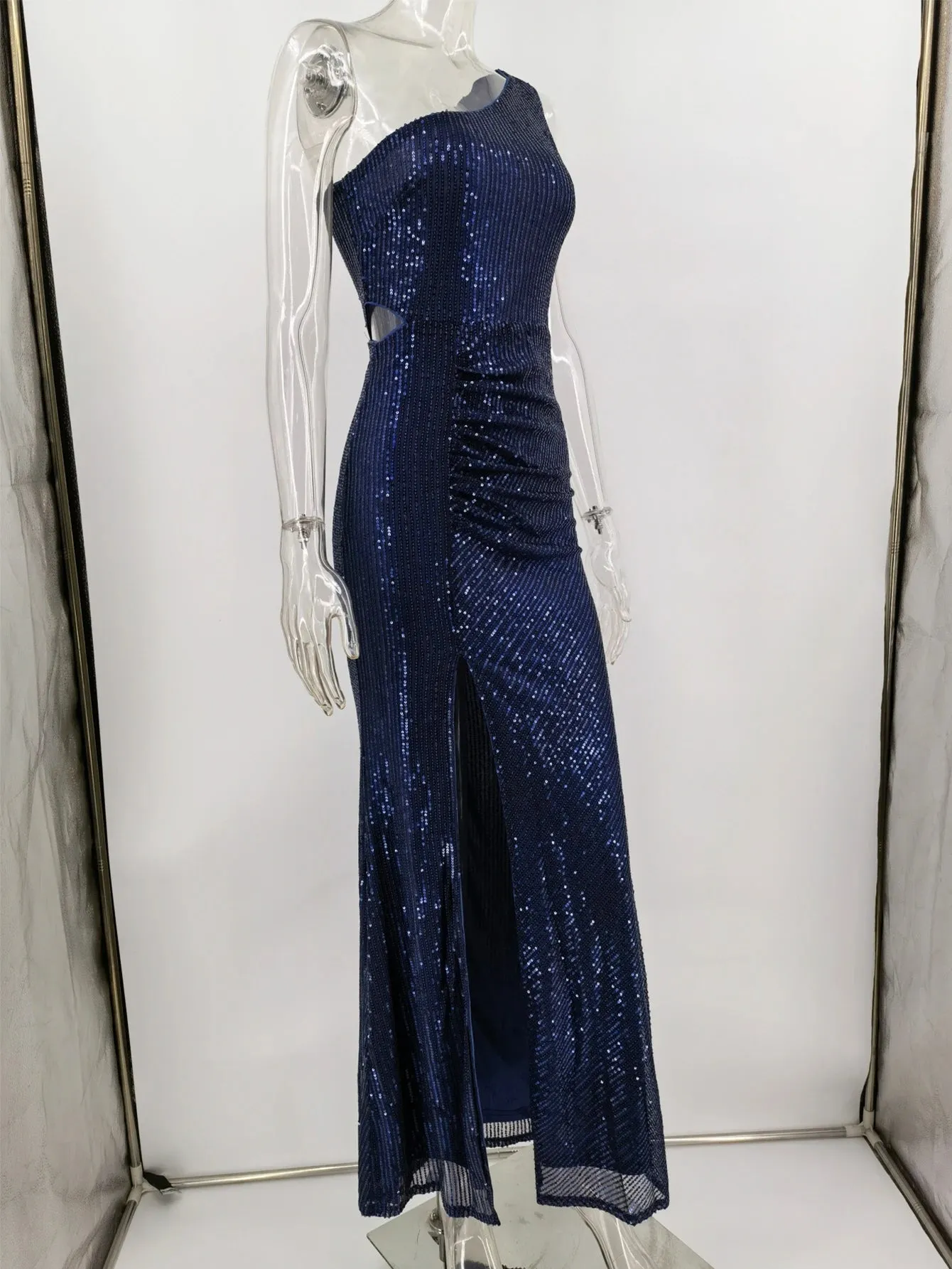 Navy One-Shoulder Sequin Maxi Dress