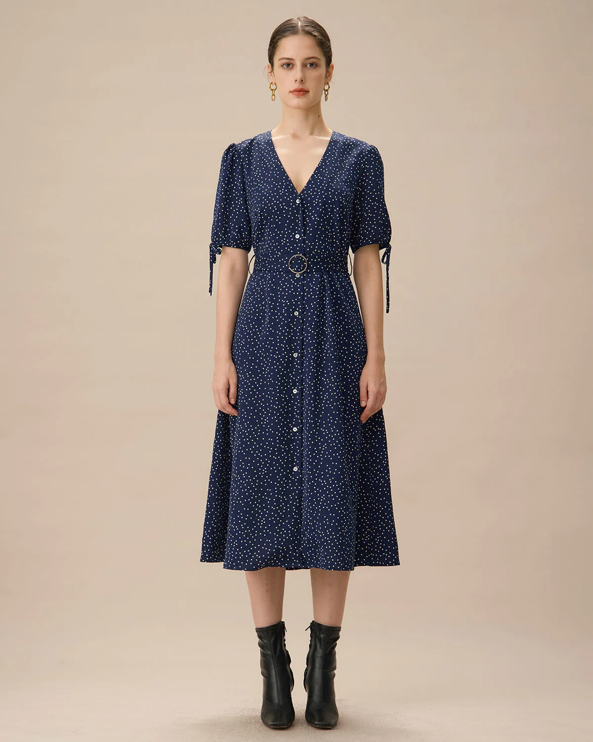 Navy Polka Dot Belted Midi Dress