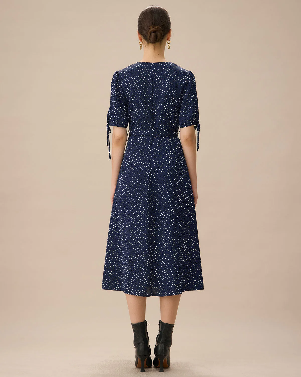 Navy Polka Dot Belted Midi Dress