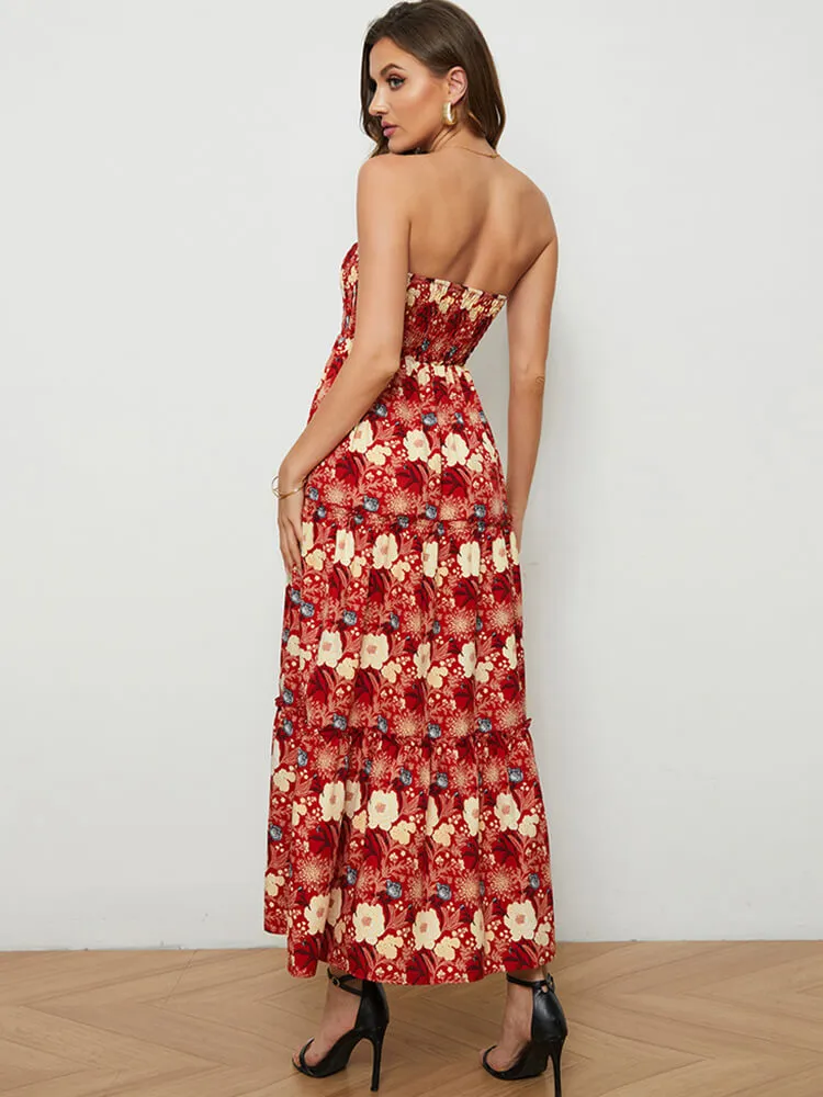 Off Shoulder Sleeveless Floral Print Midi Dresses