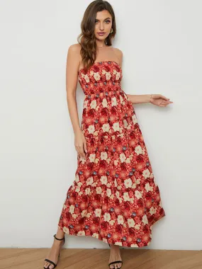 Off Shoulder Sleeveless Floral Print Midi Dresses