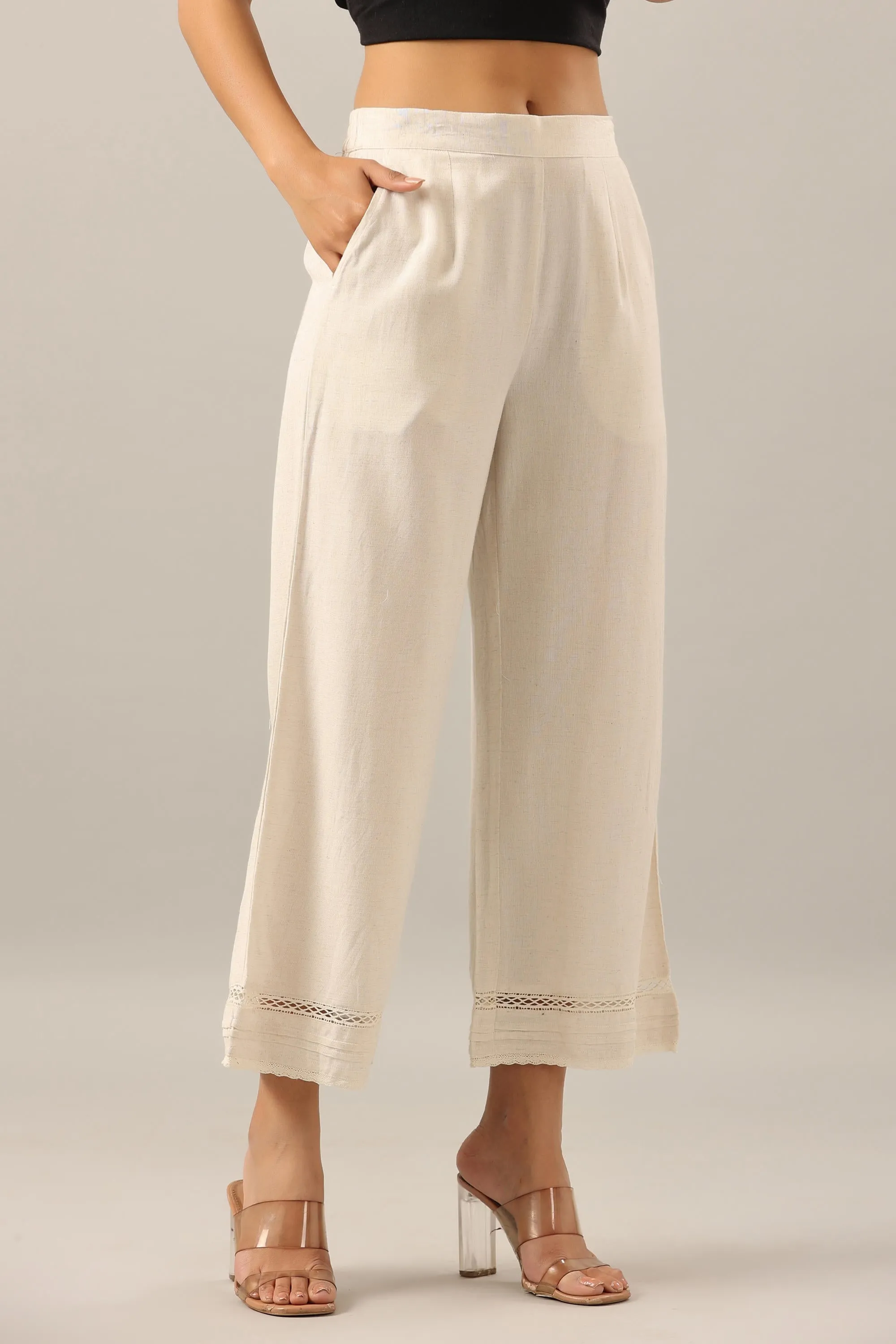 Off White Solid Liva Rayon Pant Palazzo