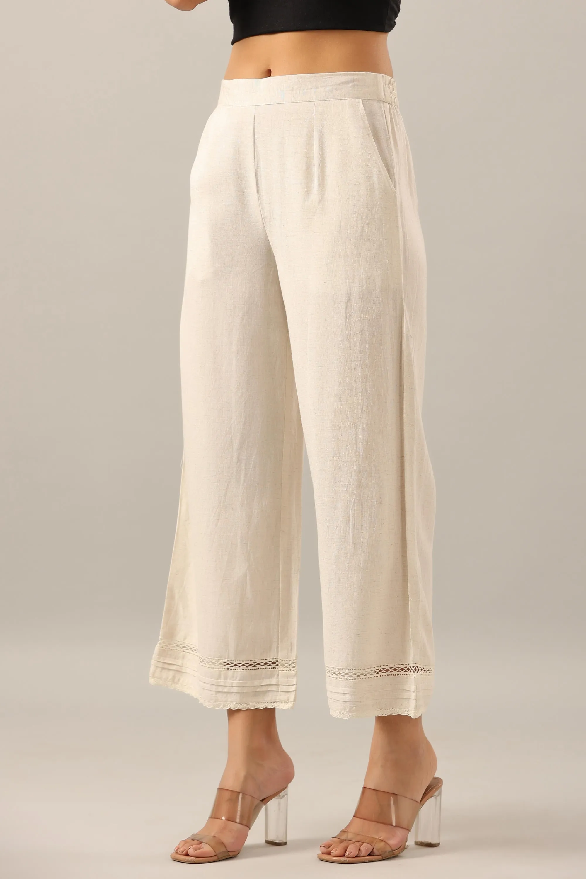 Off White Solid Liva Rayon Pant Palazzo