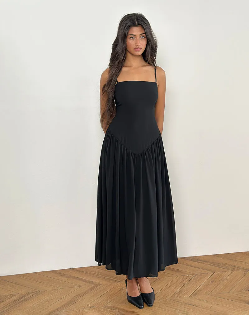 Paduri Drop Waist Midi Dress in Chiffon Black