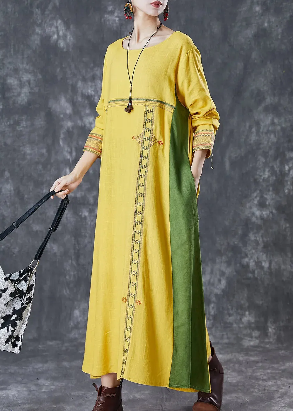 Patchwork Linen Maxi Dresses Spring