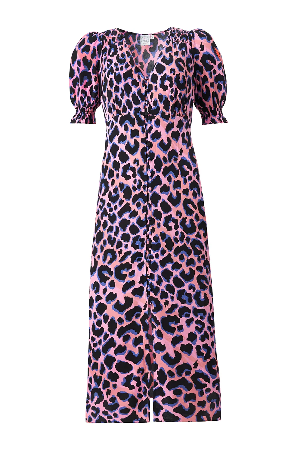 Pink with Blue and Black Shadow Leopard Flute Sleeve Midi Tea Dress