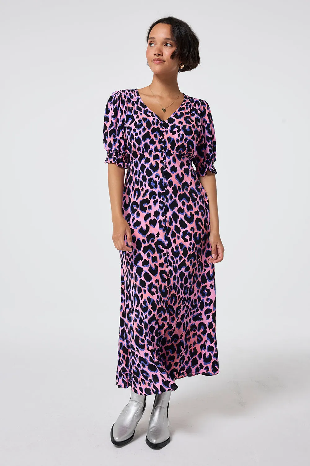 Pink with Blue and Black Shadow Leopard Flute Sleeve Midi Tea Dress