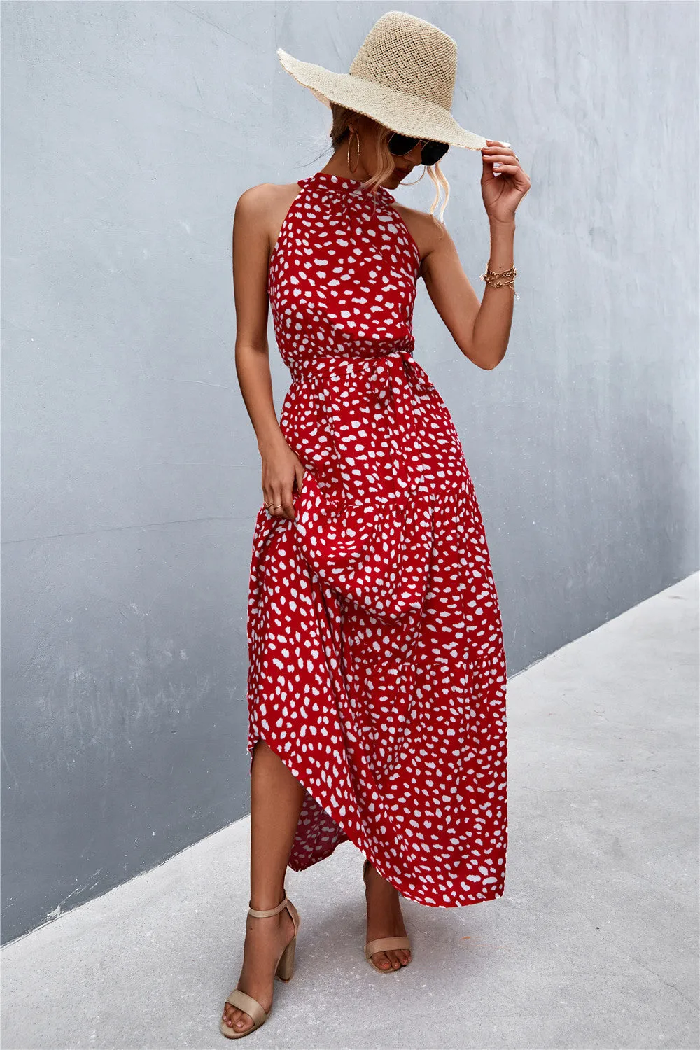 Printed Sleeveless Tie Waist Maxi Dress