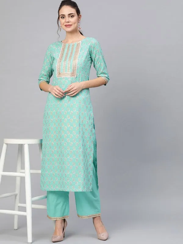 Rama Green Gold Print Kurta With Palazzo Pants