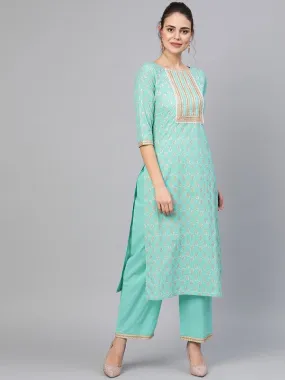 Rama Green Gold Print Kurta With Palazzo Pants