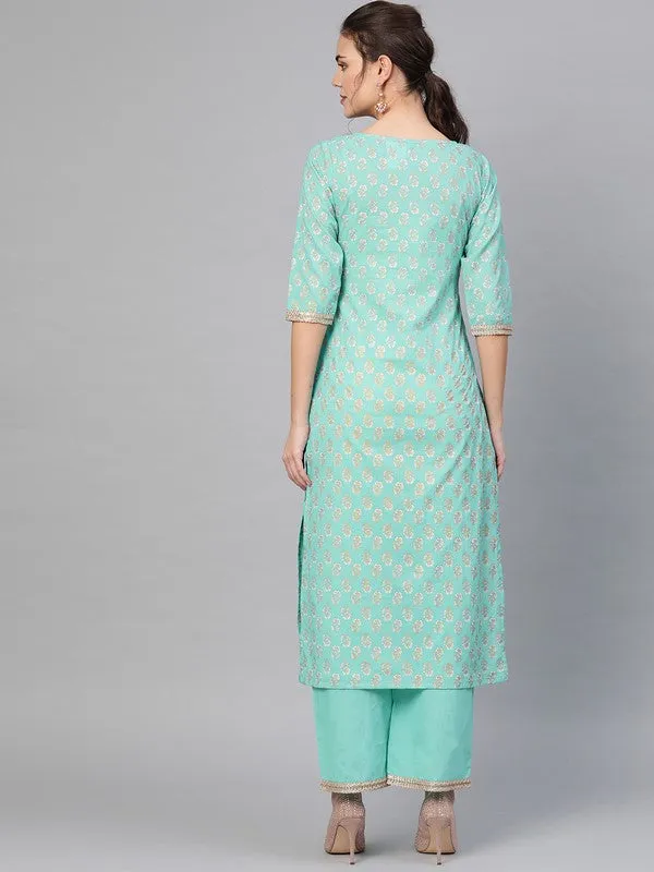 Rama Green Gold Print Kurta With Palazzo Pants