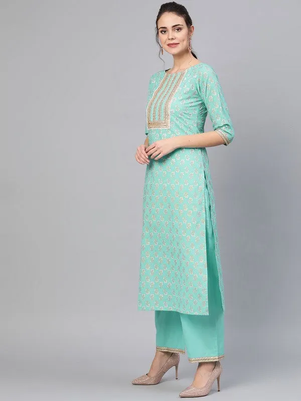 Rama Green Gold Print Kurta With Palazzo Pants