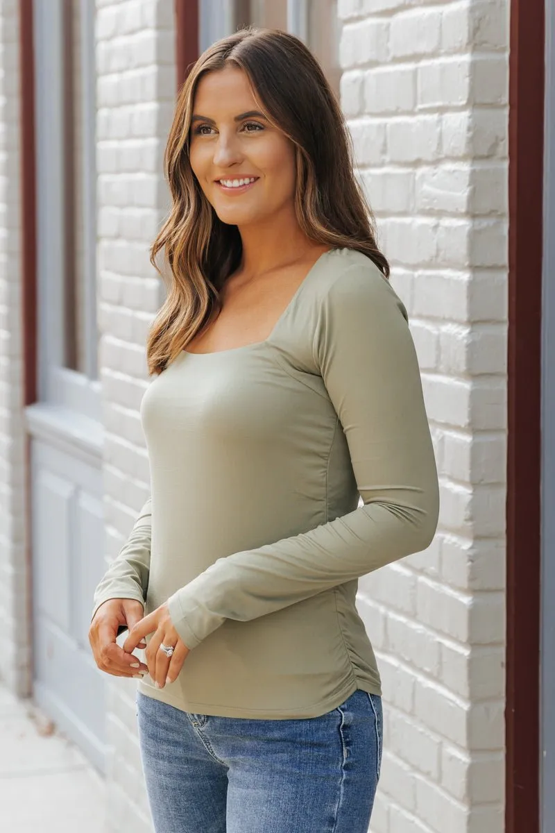 Ruched Jersey Square Neck Top - Green - FINAL SALE