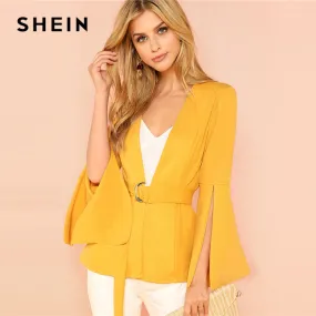 SHEIN Yellow Split Sleeve Belted Outerwear Office Ladies Long Sleeve Plain Wrap Workwear Coat Women Autumn Elegant Clothes