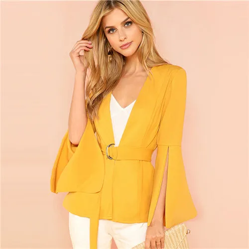 SHEIN Yellow Split Sleeve Belted Outerwear Office Ladies Long Sleeve Plain Wrap Workwear Coat Women Autumn Elegant Clothes