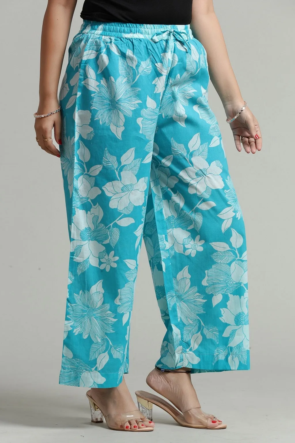 Sky Blue Cotton Printed Palazzos