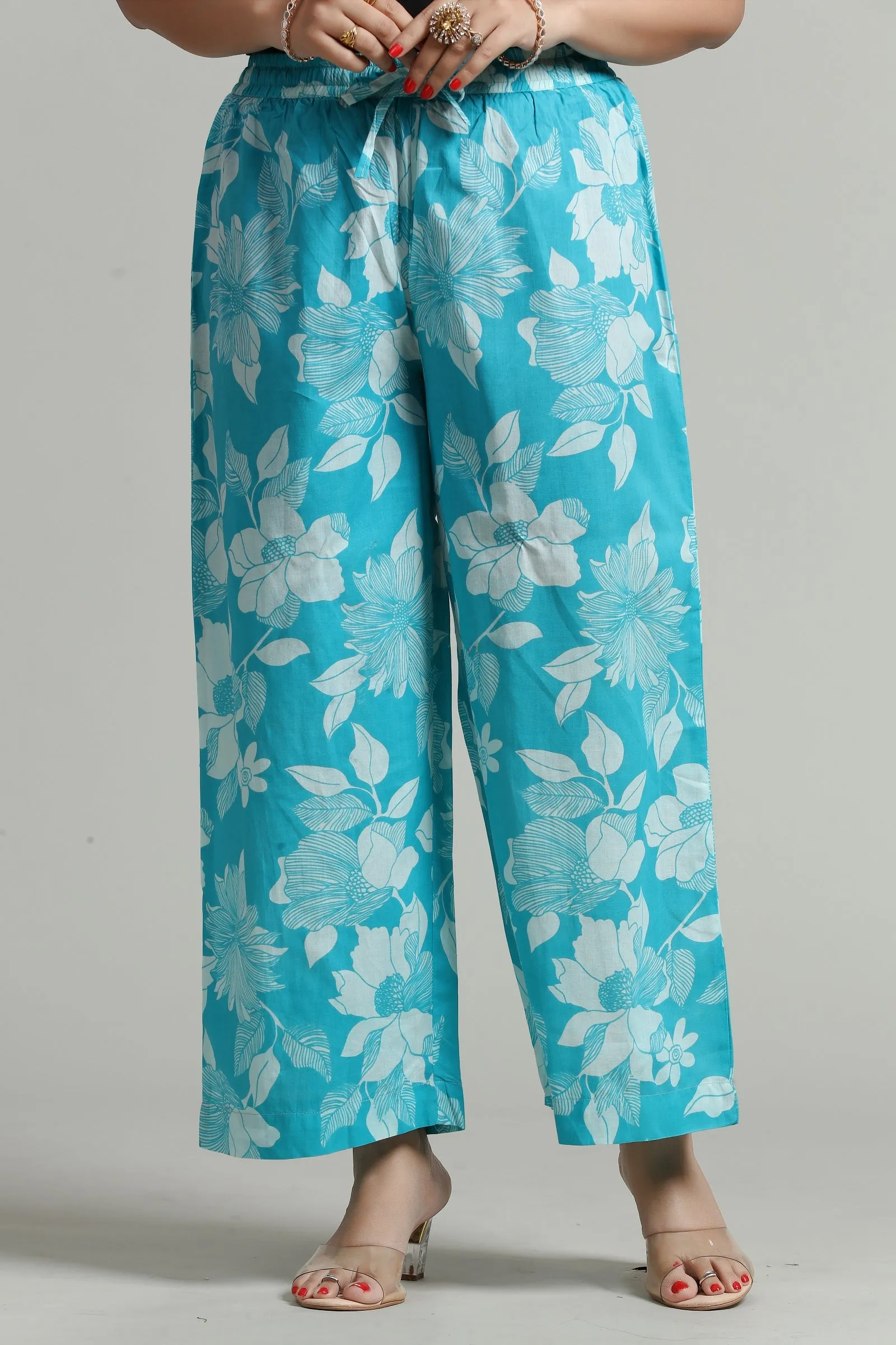 Sky Blue Cotton Printed Palazzos