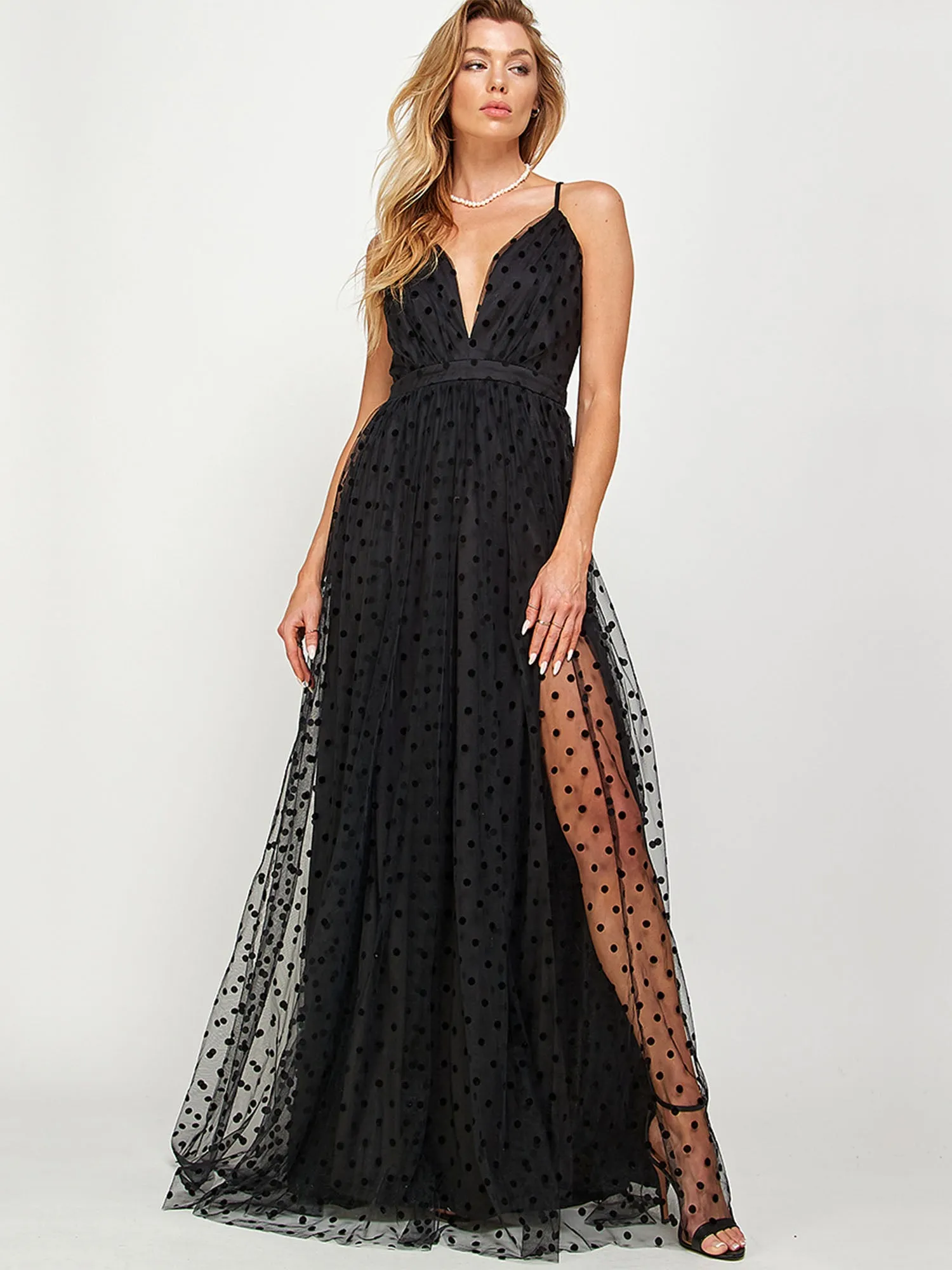 Sleeveless Dot Tulle Maxi Dress