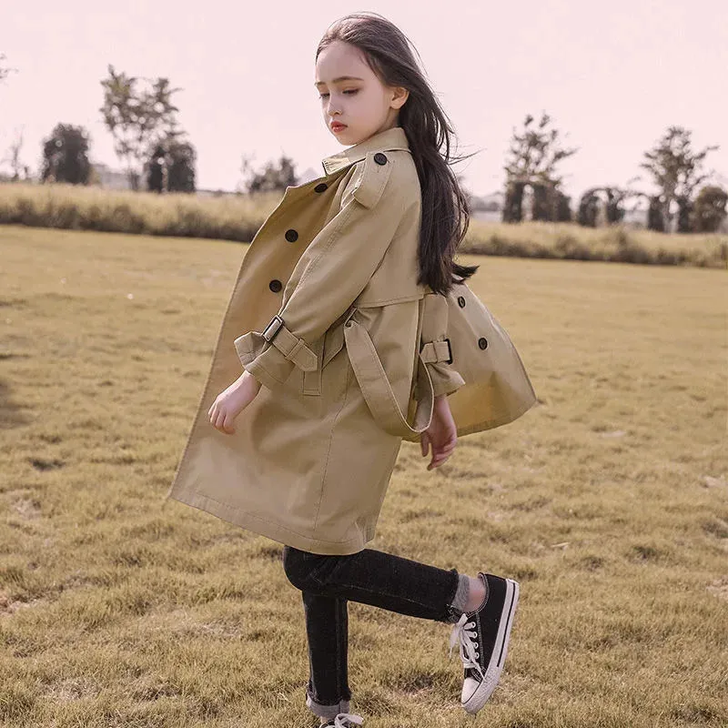 Teen Girls Long Trench Coats New Fashion England Style Windbreaker Jacket For Girls Spring Fall Children's 4-13Y