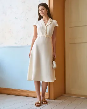 The Beige Lapel Cap Sleeve Shirt Midi Dress