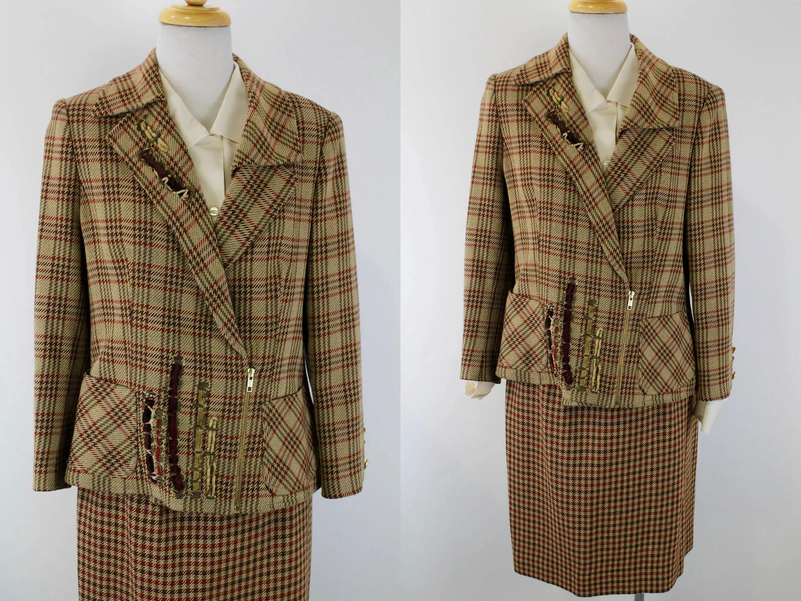 Vintage 1990s Christian Lacroix Check Plaid Wool Skirt Suit, Large