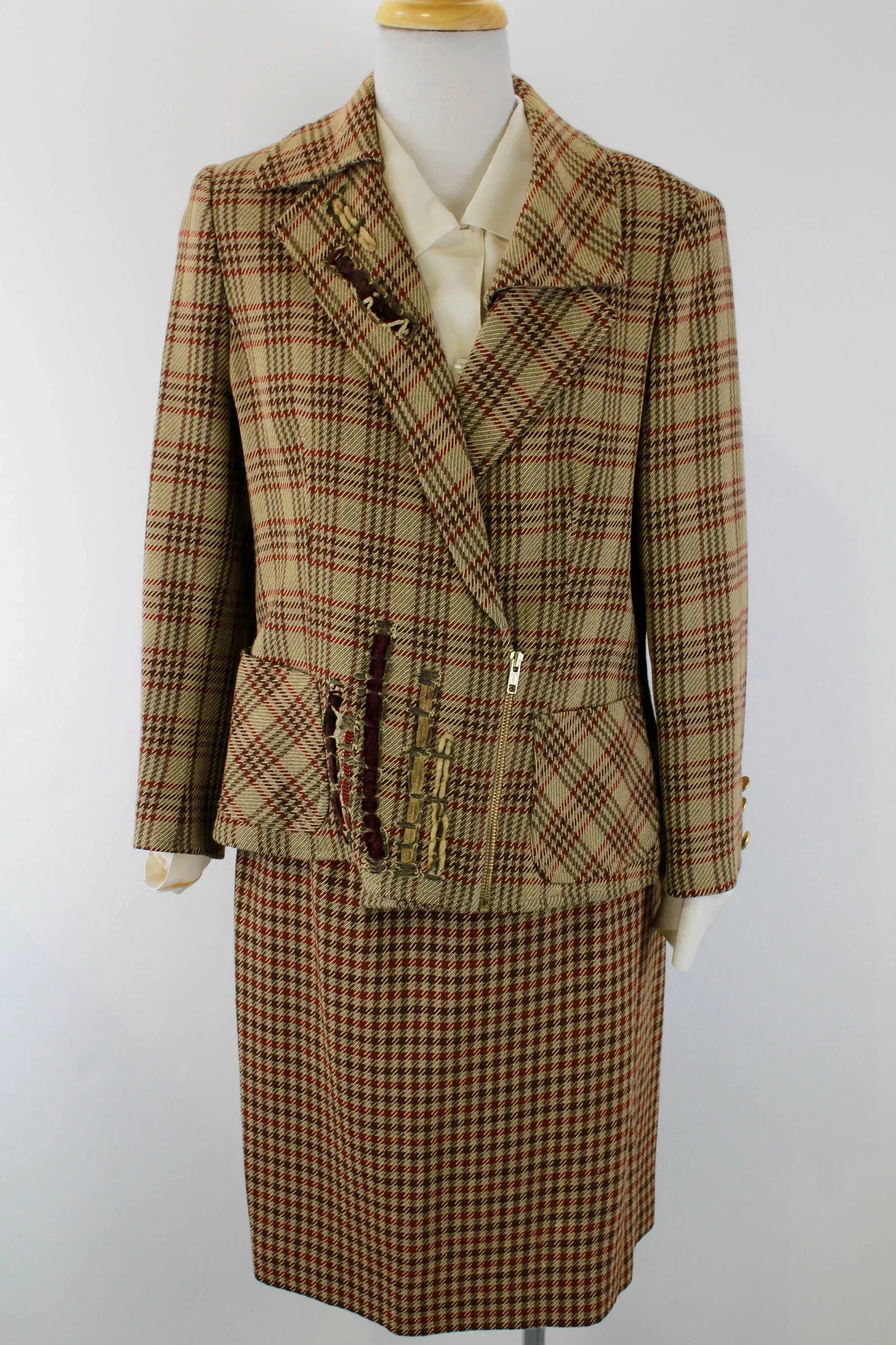 Vintage 1990s Christian Lacroix Check Plaid Wool Skirt Suit, Large