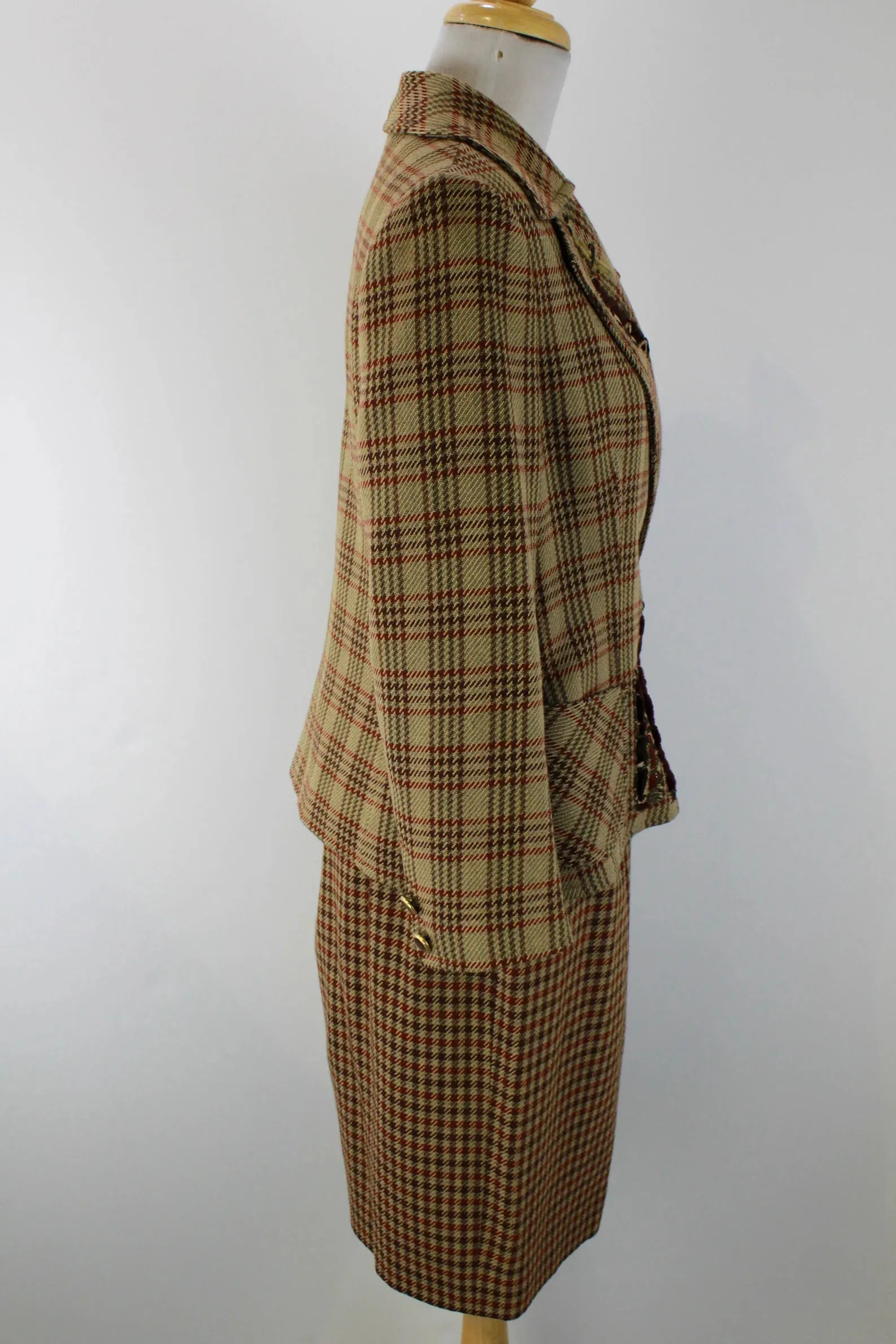 Vintage 1990s Christian Lacroix Check Plaid Wool Skirt Suit, Large