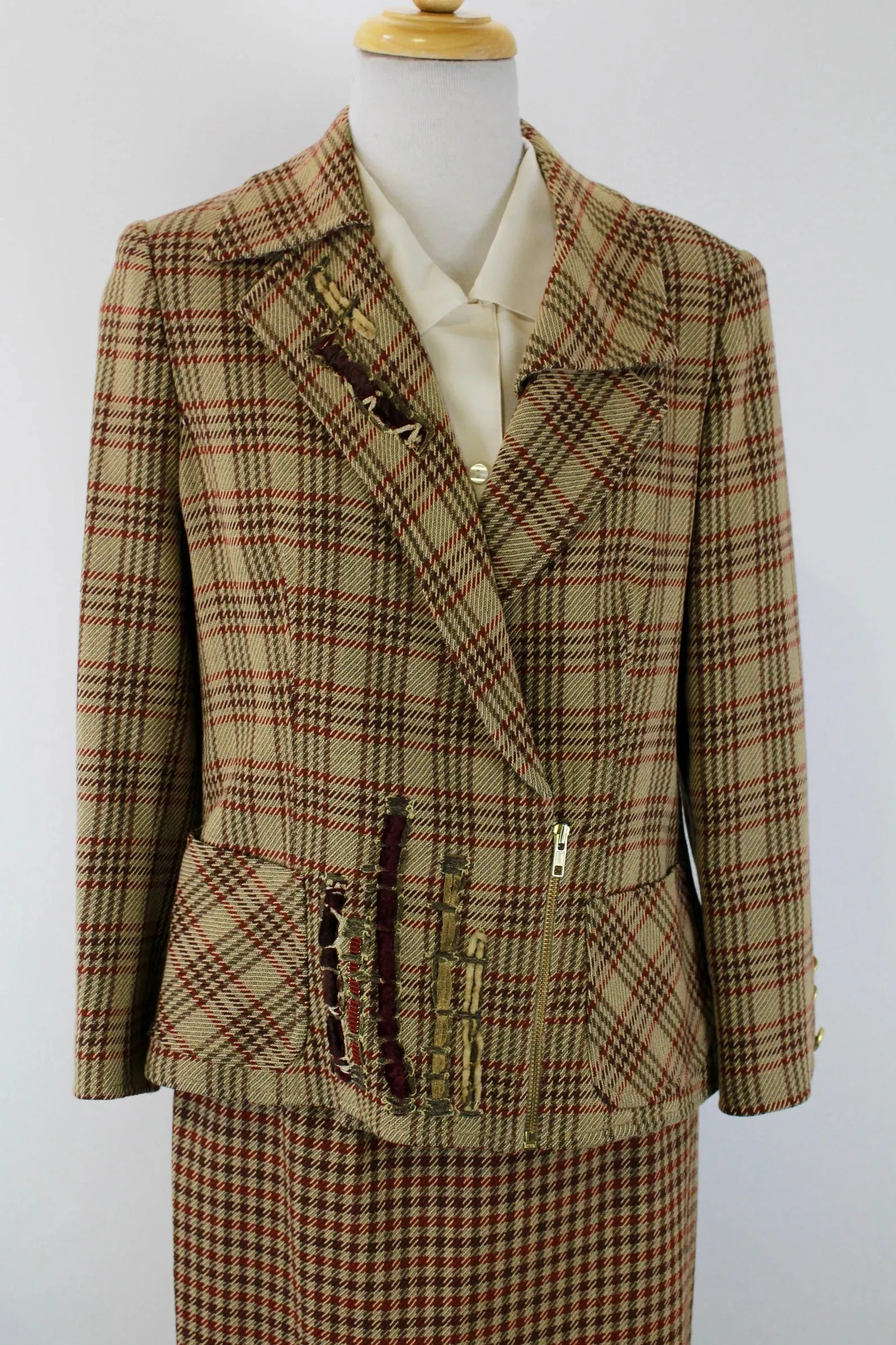 Vintage 1990s Christian Lacroix Check Plaid Wool Skirt Suit, Large