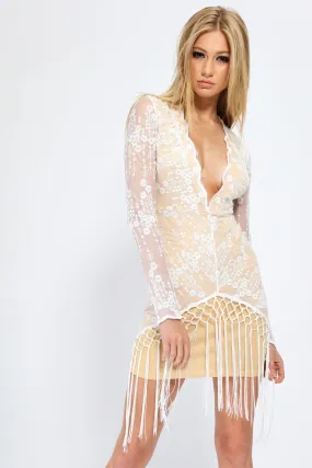 White Lace Fringe Dress With Long Sleeves