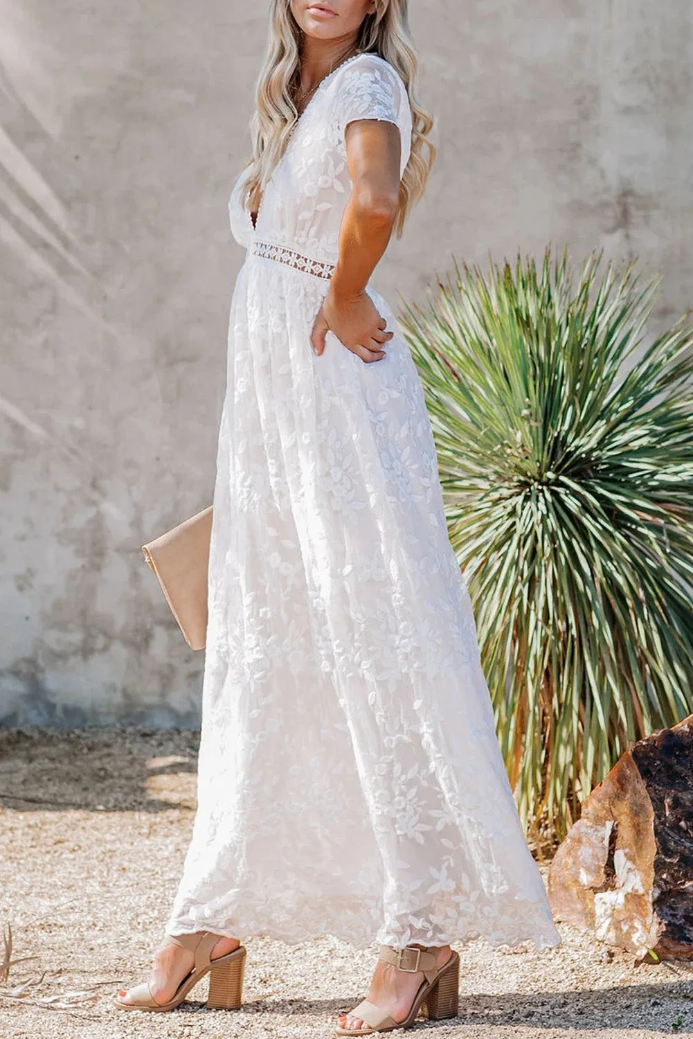 White V Neck Lace Maxi Dress