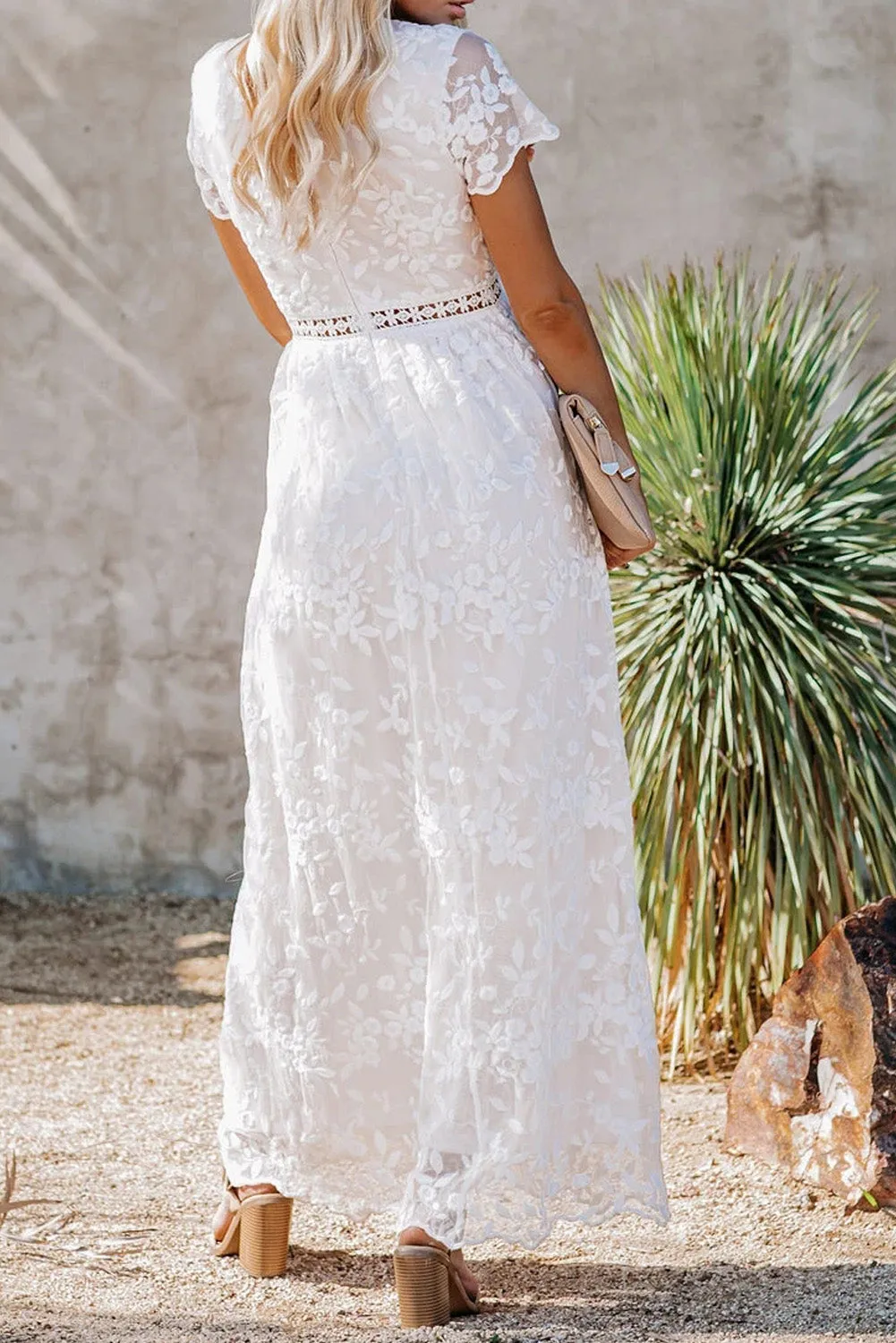 White V Neck Lace Maxi Dress