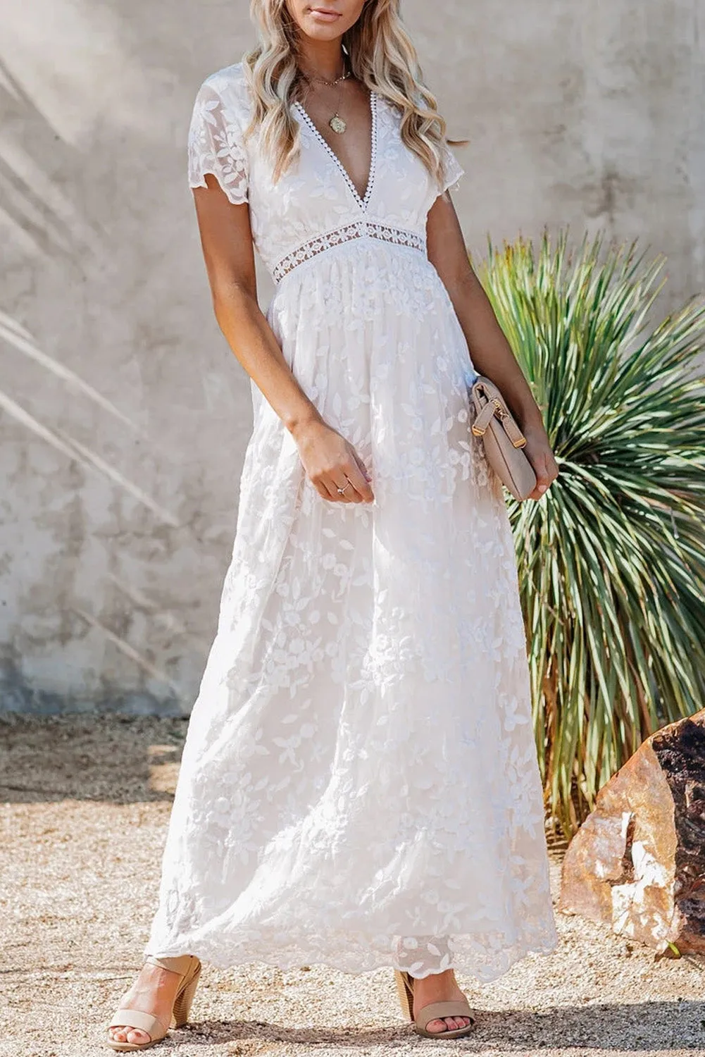 White V Neck Lace Maxi Dress